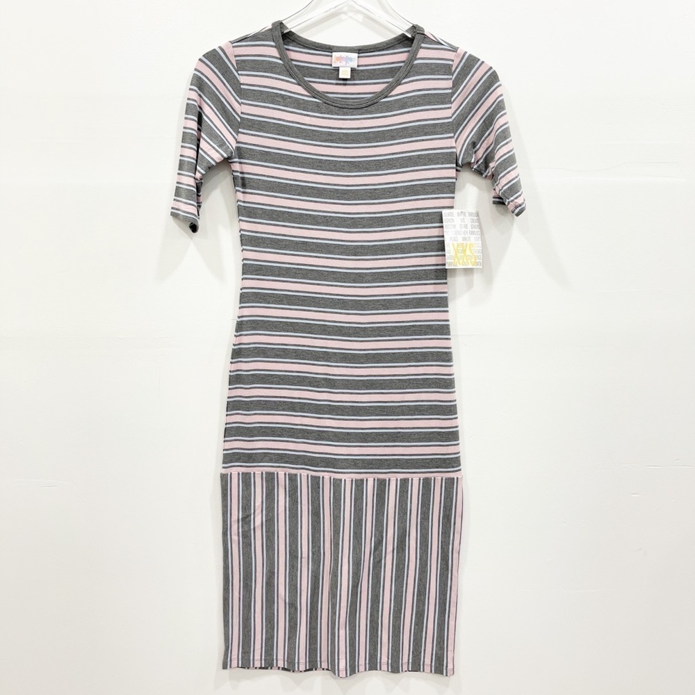 Lularoe Julia Stripe Short Sleeve Dress Pink Grey